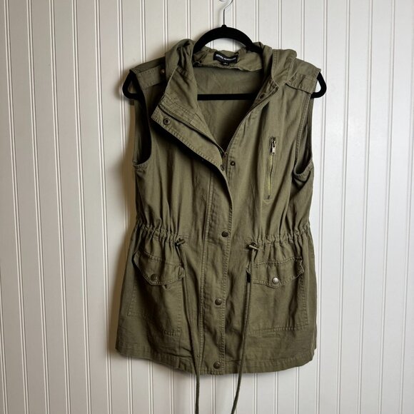 Zenana Outfitters Army Green Zip Front Vest Hooded, Drawstring R20 - Picture 1 of 7